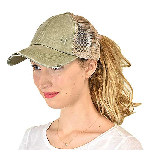 C.C Ponycap Messy High Bun Ponytail Adjustable Mesh Trucker Baseball Cap Hat, Criss Cross Mesh Olive