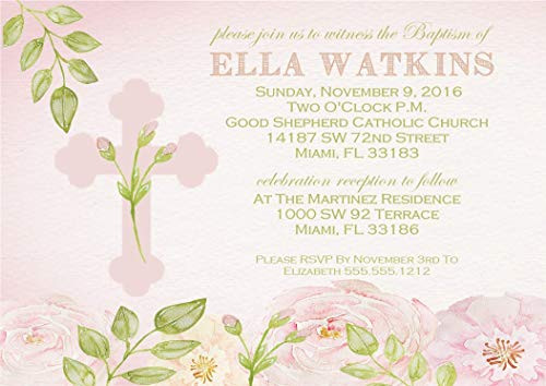Girls Pink Watercolor Floral Invitations For Christening, Baptism, First Communion, Confirmation or Baby Dedication