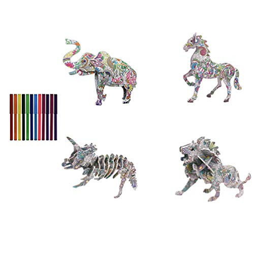 Garneck 3D Coloring Puzzle Set 4 Animals Puzzles with 12 Pen Markers Educational Arts and Crafts Kit Creative Toys for Girls and Boys Lion Dinosaur Horse Elephant