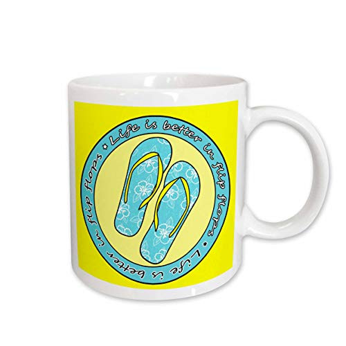 3dRose Life is Better in Flip Flops Light Blue and Yellow Mug, 11-Ounce