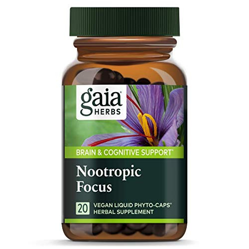 Gaia Herbs, Nootropic Focus, Brain  and  Cognitive Support, Saffron, Lemon Balm, Spearmint, Vegan Liquid Capsules, 20Count