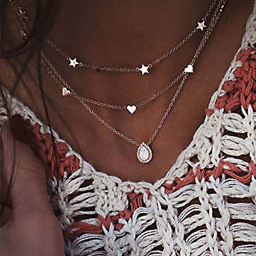Hannah Boho Layered Opal Necklaces Gold Star Pendant Necklace Heart Necklaces Chain Jewelry for Women and Girls