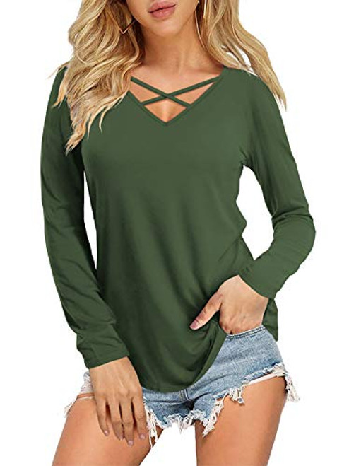 DittyandVibe Women's V Neck T Shirt Long Sleeve Loose Casual Tops, Army Green, Medium
