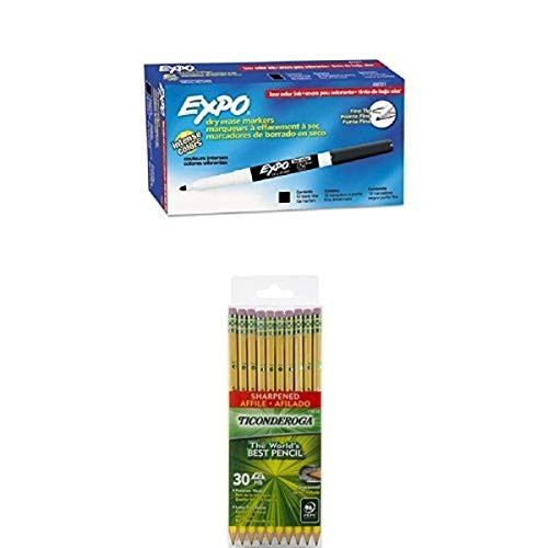 Expo Low-Odor Dry Erase Markers, Fine Point, Black, 12-Count and Dixon Ticonderoga Wood-Cased 2HB Pencils, Pre-Sharpened, Box of 30, Yellow (13830) Bundle