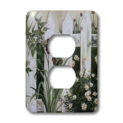3dRose LLC lsp_44359_6 Weathered White Picket Garden Fence with Irises and Daisies, 2 Plug Outlet Cover