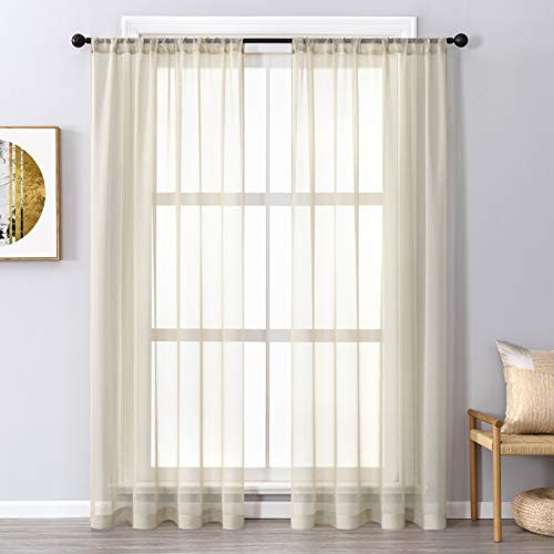 CUTEWIND 63 inch Length Sheer Curtain Panels Rod Pocket Translucent Window Sheer Drapes Living Room Bedroom Window Curtains, Beige, 37 x 63 Inch, Set of 2 Panels