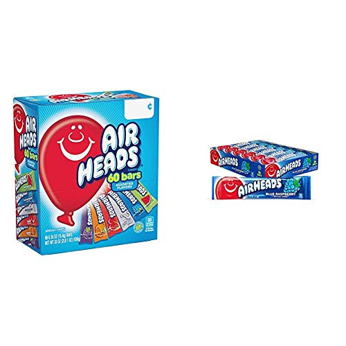 Airheads Candy Bars, Variety Bulk Box, Chewy Full Size Fruit Taffy, Gifts, 60 Count  and  Airheads Candy, Individually Wrapped Full Size Bars, Blue Raspberry, Bulk Taffy, Non Melting, 0.55oz (Pack of 36)