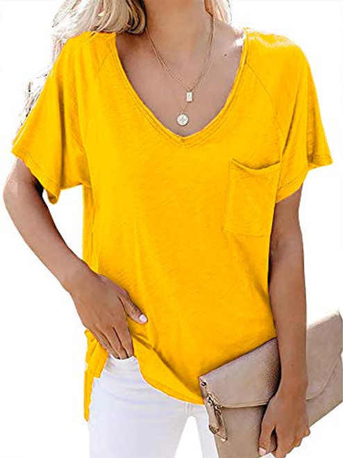 Womens Short Sleeve T Shirt Basic Tee Tops V Neck Loose Summer Shirts with Pocket Side Split Yellow Womens Short Sleeve T Shirt Basic Tee Tops V Neck Loose Summer Shirts with Pocket Side Split Yellow