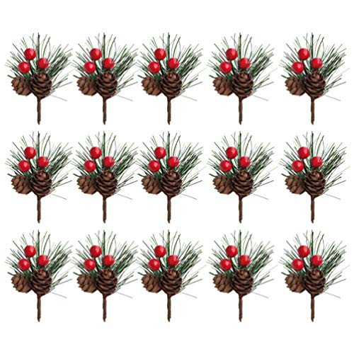 IMIKEYA 24pcs Artificial Pine Picks Christmas Decoration Red Berry Pine Branches Stems Pine Branches with Pine Cones for DIY Crafts Christmas Decor