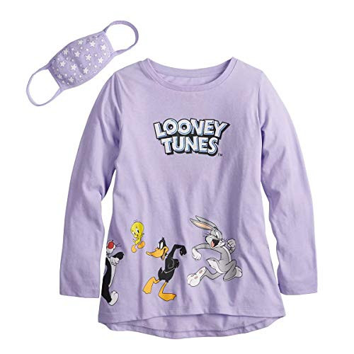 Looney Tunes Girls Long Sleeve T-Shirt Bundle with Stars Face Mask - Bugs Bunny, Daffy Duck,Tweety,Sylvester,Road Runner and Wile E. Coyote (14-16, Lavender)