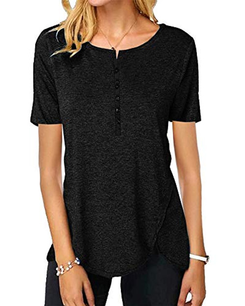 Womens Short Sleeve Button Up T Shirts Summer Casual Crewneck Tunic Tops Loose Plain Tees Blouses Black