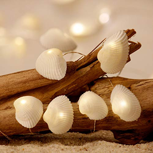 Natural Seashell Scallop String Lights, Beach Theme Decorative, 10 ft 30 LEDs Waterproof Battery  and  USB Powered with Remote and Timer, for Wedding Holiday Party Bedroom Ornament