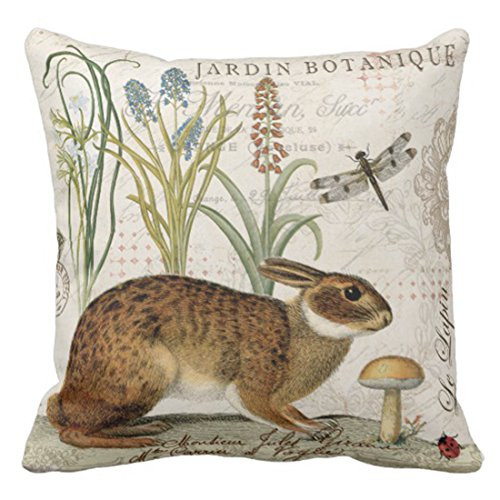 Emvency Throw Pillow Cover Botanical Modern Vintage French Rabbit in Garden Flowers Decorative Linen Pillow Case Home Decor Square 20 x 20 Inch Pillowcase