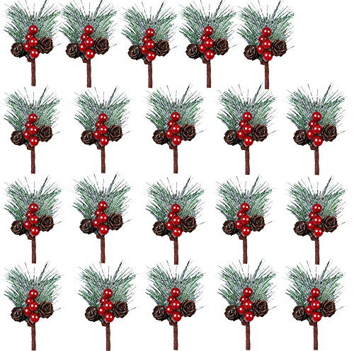 zorpia 20pcs Artificial Pine Picks with Snowflakes Red Balls Berries Small Artificial Pine Tree for Christmas Flower Arrangements Wreaths and Holiday Decorations