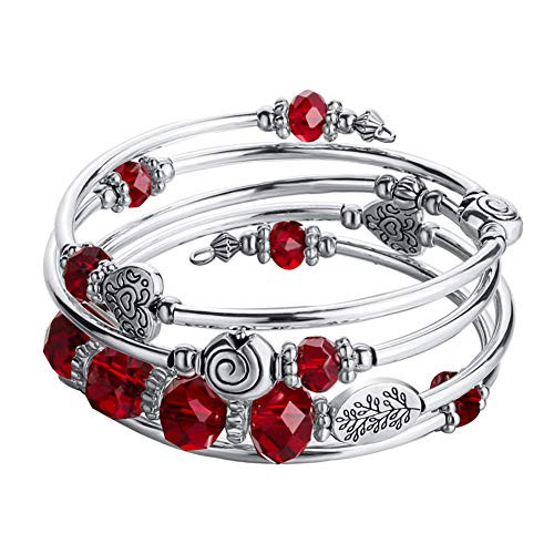 Bead Crystal Wrap Bangle Bracelet - Fashion Jewelry Pearl Bracelet with Silver Metal, Gifts for Women (Red)