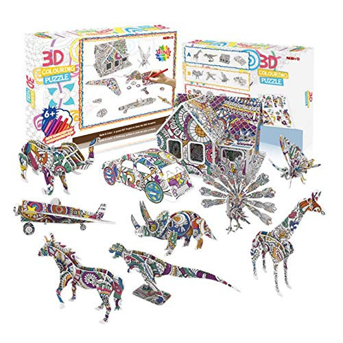 3D Coloring Puzzle Set,4 Pack Puzzles with 10 Pen Markers, Art Coloring Painting 3D Puzzle for Kids Age 7 8 9 10 11 12. Fun Creative DIY Toys Gift for Girls and Boy