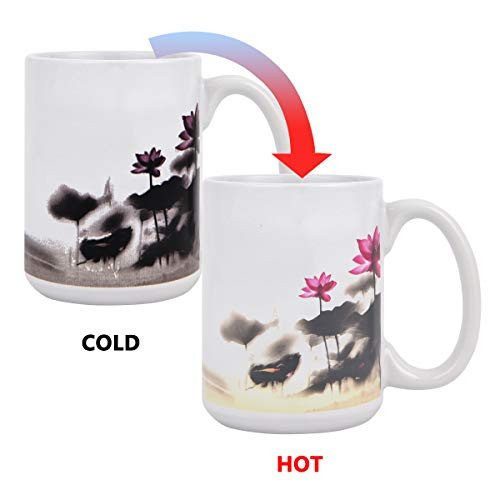 Heat Sensitive Color Changing Coffee Mug Lotus Printing Porcelain Mugs for Women Funny Coffee Cup Large Coffee Mug Magic Heat Color Changing Coffee Mug 15 oz