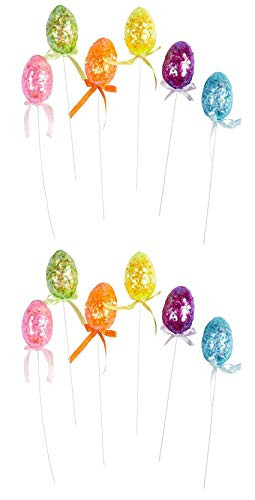 Northeast Home Goods Decorated Foam Easter Egg Shaped Easter Basket Flower Picks, Set of 12 (Multi-Color Reflective)