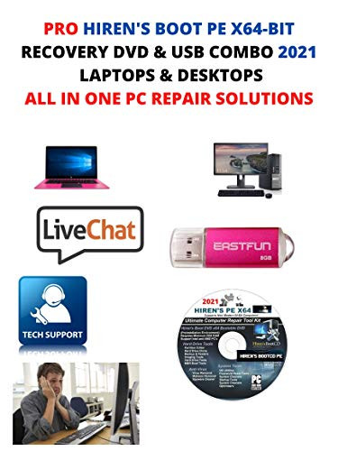 Hiren's Boot Combo 2 DVD plus 1 USB PE x64 bit 2021 Software Free Live Tech Support  and  Diagnostic User Manual Video DVD. Latest Version Best PC Computer Repair Recovery Tools Suite Compatible with Windows
