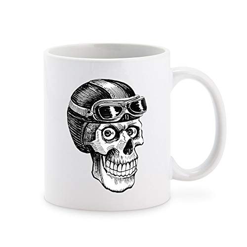Pen Sketch Biker Pilot Skull with Helmet and Goggles Cartoon Coffee Mug Tea Cup Novelty Gift Mugs 11 oz