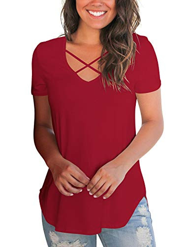 Oustdoze Women's V Neck T Shirt Short Sleeve Basic Plain Criss Cross Summer Tops