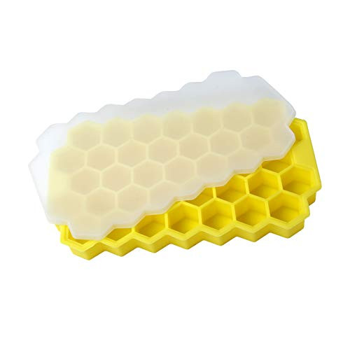 Ice Cube Trays with Lids, 2 Pack Food Grade Silica Gel 74 Flexible Ice Cubes Small Ice Cube Molds for Chilled Drinks, Whiskey and Cocktails - Stackable  and  Dishwasher Safe  and  BPA Free (37 Cube, Yellow)