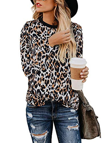SHIBEVER Womens T Shirts Leopard Print Long Sleeve Tops Casual Cute Round Neck Side Twist Knotted Blouses Tunics Outfits Orange M