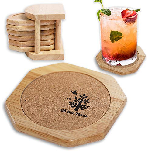 Wood Drink Coasters with Holder Set of 6 Pieces Wood Coasters for Drinks Absorbent with Holder Non-Slip Cork Coaster Set Wooden Cup Coasters for Table (23201)