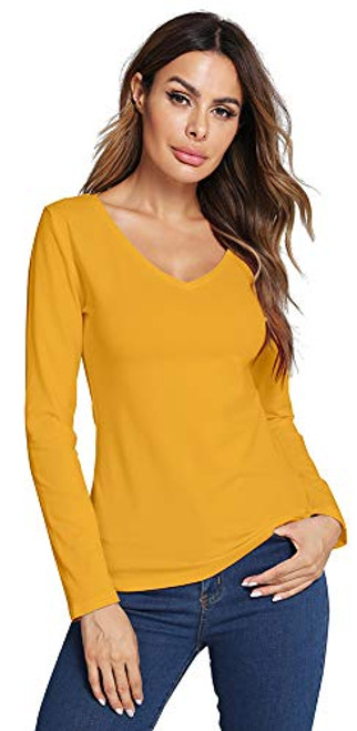 LOVFEE Baisc Women's Cotton Long Sleeve V-Neck T-Shirt Comfortable Casual Tops Tees(Yellow/S)