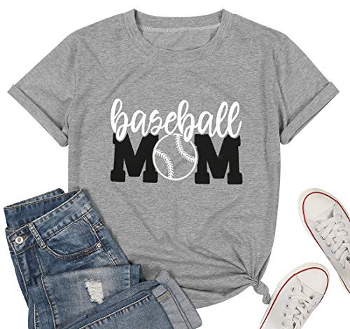 Baseball Mom Shirt Women's Short Sleeve O-Neck Letters Print Casual Tops Tees Size S (Grey)