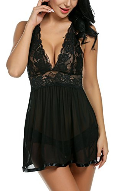 Avidlove Women V-neck Lace Babydoll Mesh Chemise Sleepwear Sexy Open Back Lingerie Black Large