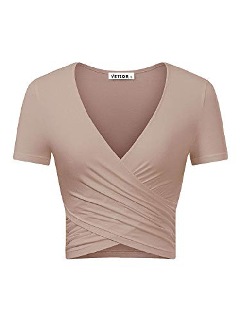 VETIOR Women's Deep V Neck Short Sleeve Unique Cross Wrap Slim Fit Crop Tops (X-Large, Camel.)
