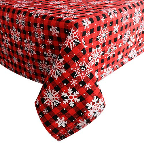 59 x 78.7 Inch Rectangle Christmas Tablecloth - Red Buffalo Plaid Tablecloth Christmas Snowflake, Red and Black Buffalo Plaid Checkered Table Cover for Christmas Party Table Decoration