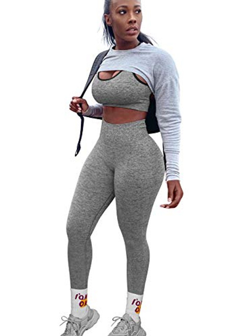 OYS Workout Sets for Women 2 Piece Seamless High Waist Yoga Leggings Running Sports Bra Gym Clothes Grey