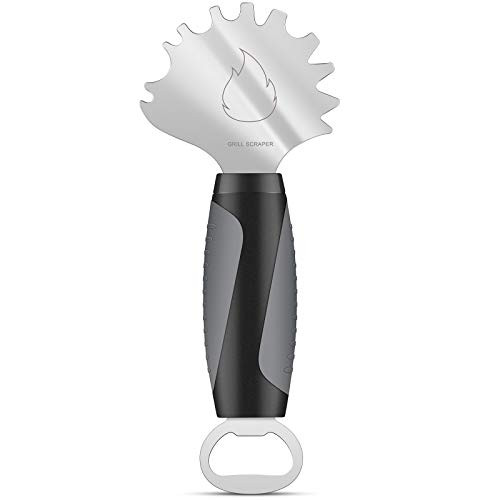 Aollop Stainless Steel BBQ Grill Scraper - Grill Grate Cleaner Tool - Barbecue Grill Brush Non-bristles with Extended Handle  and  Bottle Opener, Safer Than Wire Brush Fit Most Grill Grates (Black)