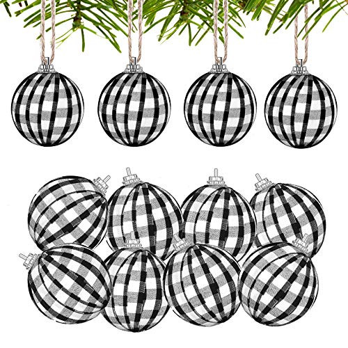 Svnntaa 12 Pieces 2 Inch Christmas Buffalo Check Fabric Wrapped Balls Shatterproof Christmas Tree Hanging Ornament for Christmas Farmhouse Home Holiday Party Decoration