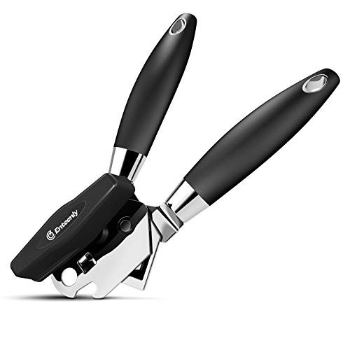 Can Opener Smooth Edge, Enteenly Stainless Steel Manual Can Opener Handheld, Safe Cut for Beer/Tin/Bottle, Big Turning Knob, Soft Handle, Good for Seniors with Arthritis