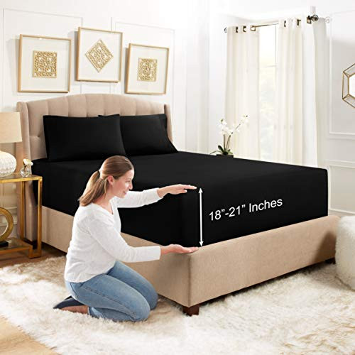 Empyrean Bedding Extra Deep Fitted Sheets Full Size - 24 inch Extra Deep Fitted Sheets Set with 2 Pillowcases - 3 Piece Extra Deep Fitted Bed Sheet - Extra Deep Full Size Fitted Bed Sheets - Black