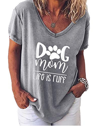 Dog Mom Shirt Womens Mom Life is Ruff Cute T-Shirt Dog Lovers Gift Short Sleeve Tops Dog's Paw Funny Graphic Tees (Grey, X-Large)