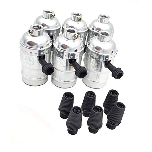 6-PackVintage Lamp Socket E26/E27 Lamp Holder with Rotary Knob Edison Screw Bulb Base Aluminum Shell Lamp Socket Base Vintage DIY Lighting Fittings (Silver)