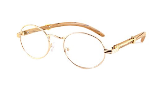 FBL Vintage Oval Clear Lens Metal  and  Wood Feel Eyeglasses A103 (Rose Gold/ Beige Brown)