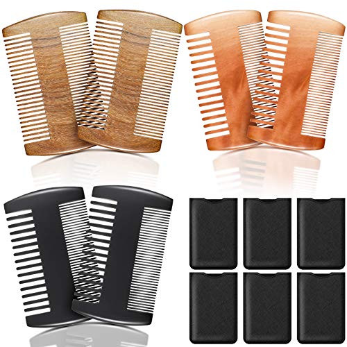 6 Pieces Beard Comb Natural Sandalwood Wooden Moustaches Combs Dual Action Teeth Beard Comb with 6 Pieces Pocket Faux Leather Case for Beards Moustaches (Black, Yellow, Brown)