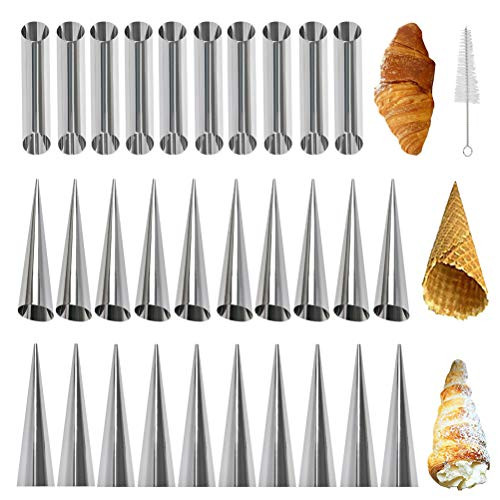 31 Pcs Cannoli Tubes, Cream Horn Molds, Cannoli Forms Non-stick cream horn, 5 inch Large Stainless Steel Cream Horn Forms for Puff Pastry Cream Horn Mold Waffle Cone Pastry Roll Horn Croissant Mold