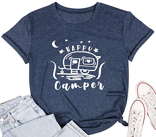 Happy Camper Tee Shirt for Women Funny Camping Graphic Shirt Cute Letter Print Casual Short Sleeve Tee Tops Blue