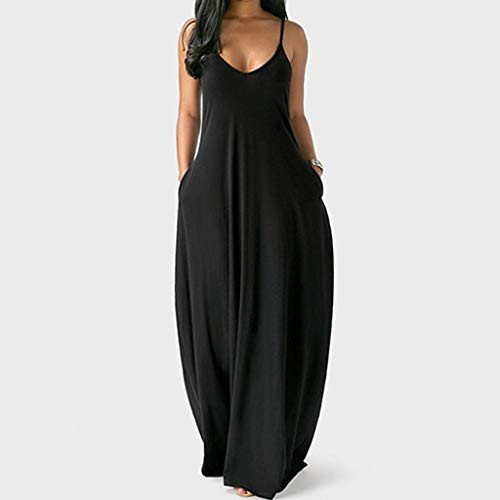 Sexy Sleeveless O-Neck Pockets Camisole Long Dress for Women Casual Elegant, Solid Color Fashion Sexy Design Loose Beach Backless Maxi Dress for Lady, Plus Size, S-5X (Black, L)