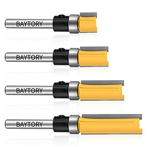 BAYTORY 4Pcs 1/4 Shank Pattern Flush Trim Router Bits Set, Carbide Template Top Bearing Flush Trim Bits Set, Prevent Tear-Out, Perfectly Suitable for Light Work, 1/2 inch Cutting Diameter, Yellow