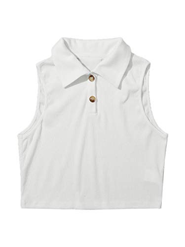 Verdusa Women's Casual Button Front Sleeveless Rib Knit Crop Tank Top White S