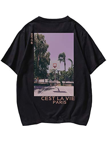 Romwe Women's Casual Short Sleeve Graphic Print Basic Tee Tops Oversized T Shirt Black L