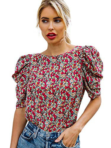 SOLY HUX Women's Ditsy Floral Print Puff Short Sleeve Top Blouse Multicoloured S