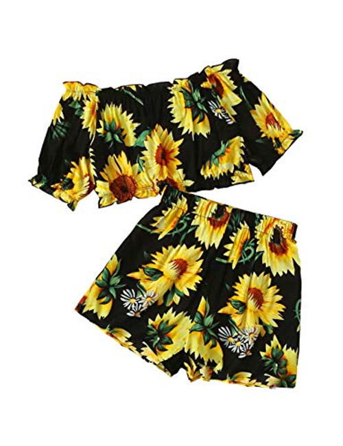 Toddler Girls Clothes Ruffle Sunflower Off Shoulder Tops plusShorts Baby Girls Summer Shorts Outfit Set (Size 110/3-4T) Toddler Girls Clothes Ruffle Sunflower Off Shoulder Tops plusShorts Baby Girls Summer Shorts Outfit Set (Size 110/3-4T)
